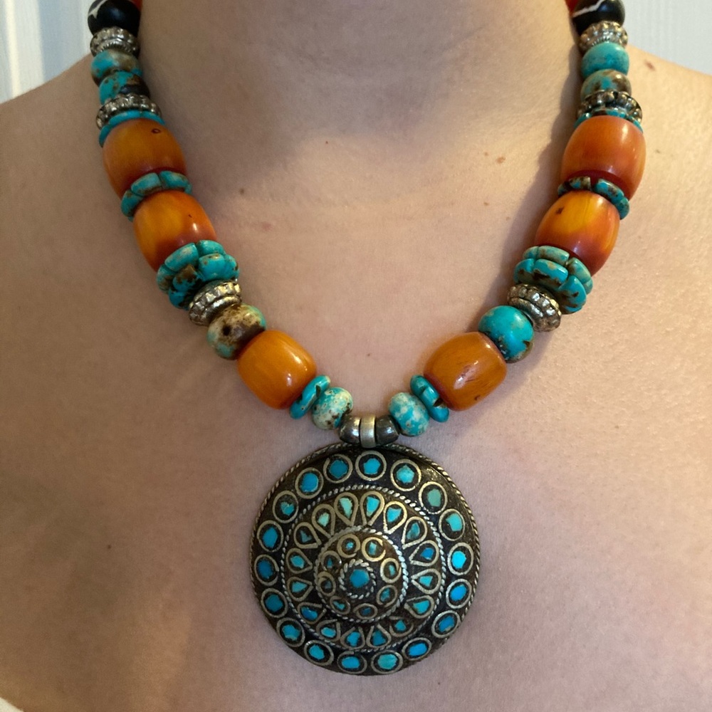 bohemian, beaded necklace orange/turquoise stones